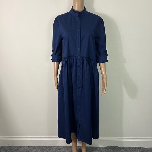 Taylor Tillman Dresses & Skirts - Taylor Tillman Navy Blue Cotton Poplin Ruffle Drop Waist Midi Shirt Dress Small